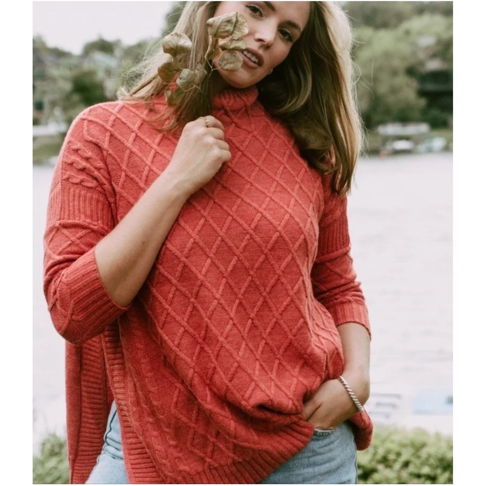 Mer Sea Co Red Diamond Cable Knit Mock Neck Oversized Cozy Sweater‎ Women